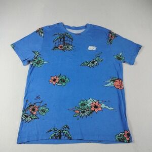 Nike T Shirt Womens Large Blue Floral‎ Spell Out Logo Hawaiian Hoops Island
